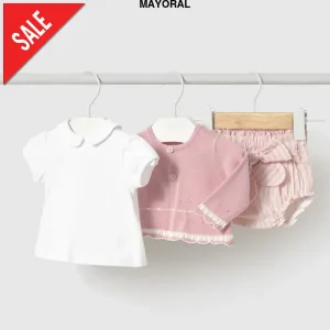 Completo MAYORAL neonata cardigan polo e pantaloncino rosa 1 mese - 18 mesi
