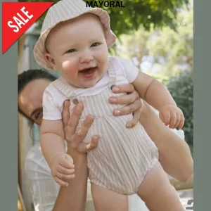 Completo MAYORAL neonato pagliaccetto e cappello a righe beige 1 mese - 18 mesi