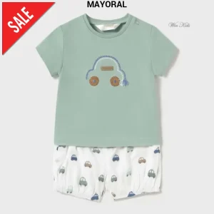 Completo MAYORAL t-shirt e pantaloncino bianco e verde con macchine 1 mese - 18 mesi