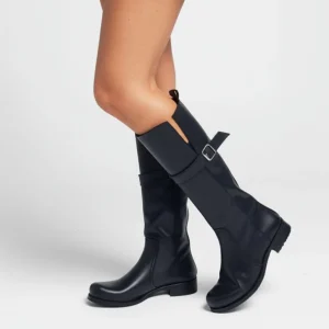 CROWN Stivale Biker in Vera Pelle Nero con fibbia al polpaccio