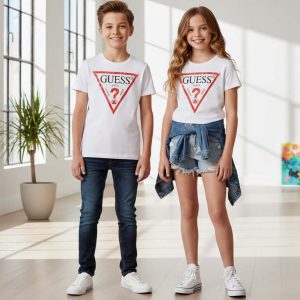 T-shirt GUESS bianca in cotone con logo unisex 8 anni - 16 anni