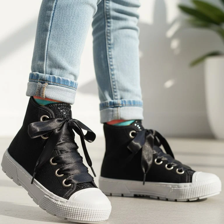 Scarpe SPINDOCTOR velluto nero e glitter con lacci in raso MADE IN ITALY 24 - 35 - immagine 2