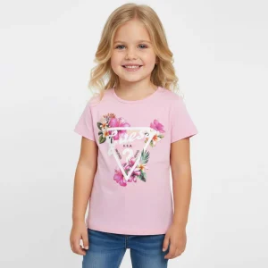 T-shirt GUESS rosa con stampa glitter e fiori 3/6 mesi - 7 anni