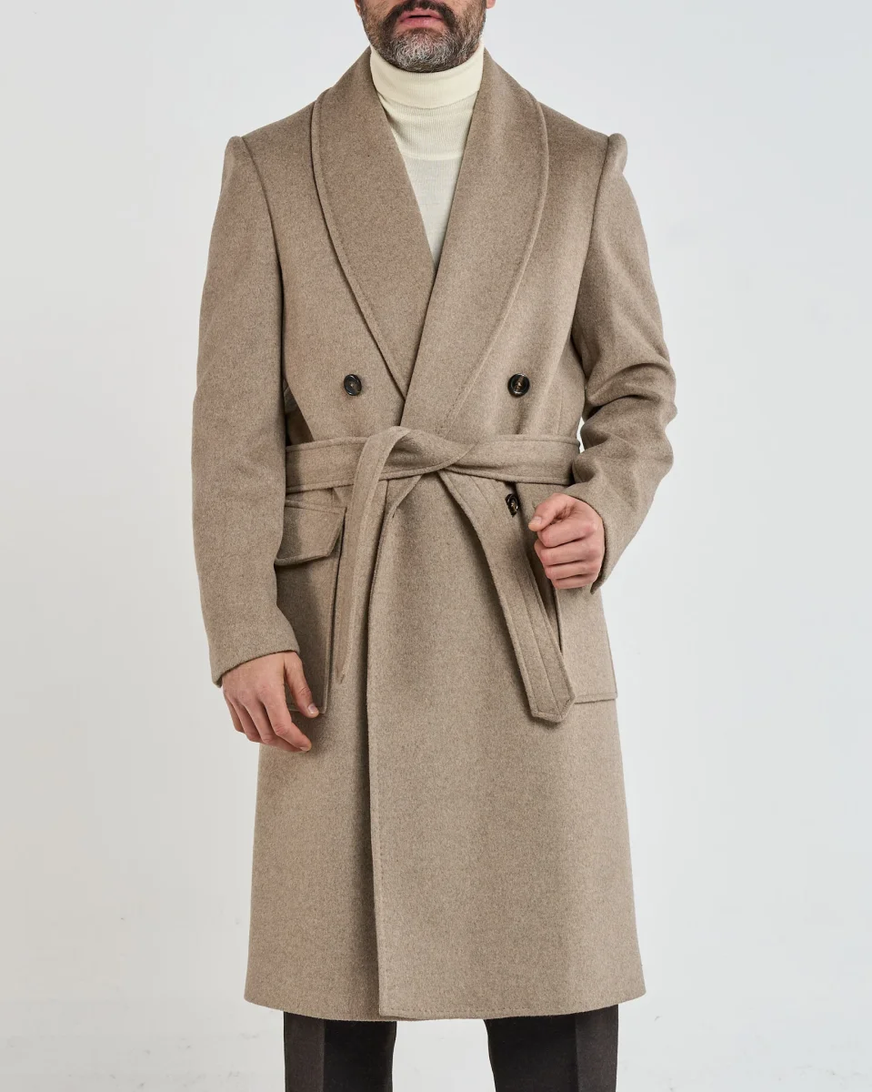 Cappotto Doppiopetto con Rever a Scialle Beige - immagine 2