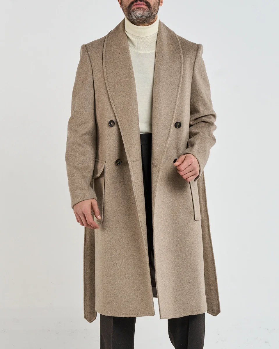 Cappotto Doppiopetto con Rever a Scialle Beige - immagine 4