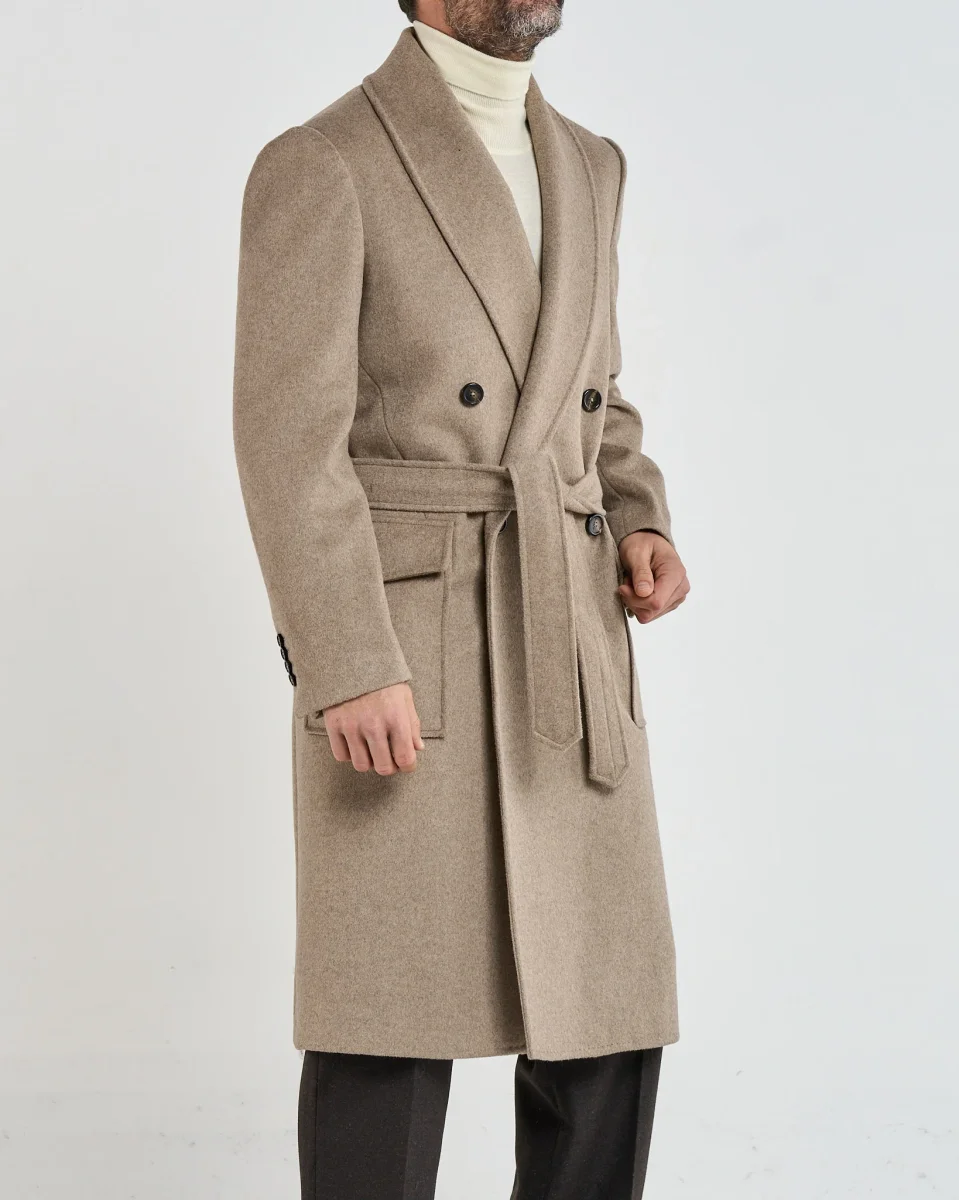Cappotto Doppiopetto con Rever a Scialle Beige - immagine 3