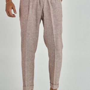 Pantalone Biforcato in Lino Spigato Cacao