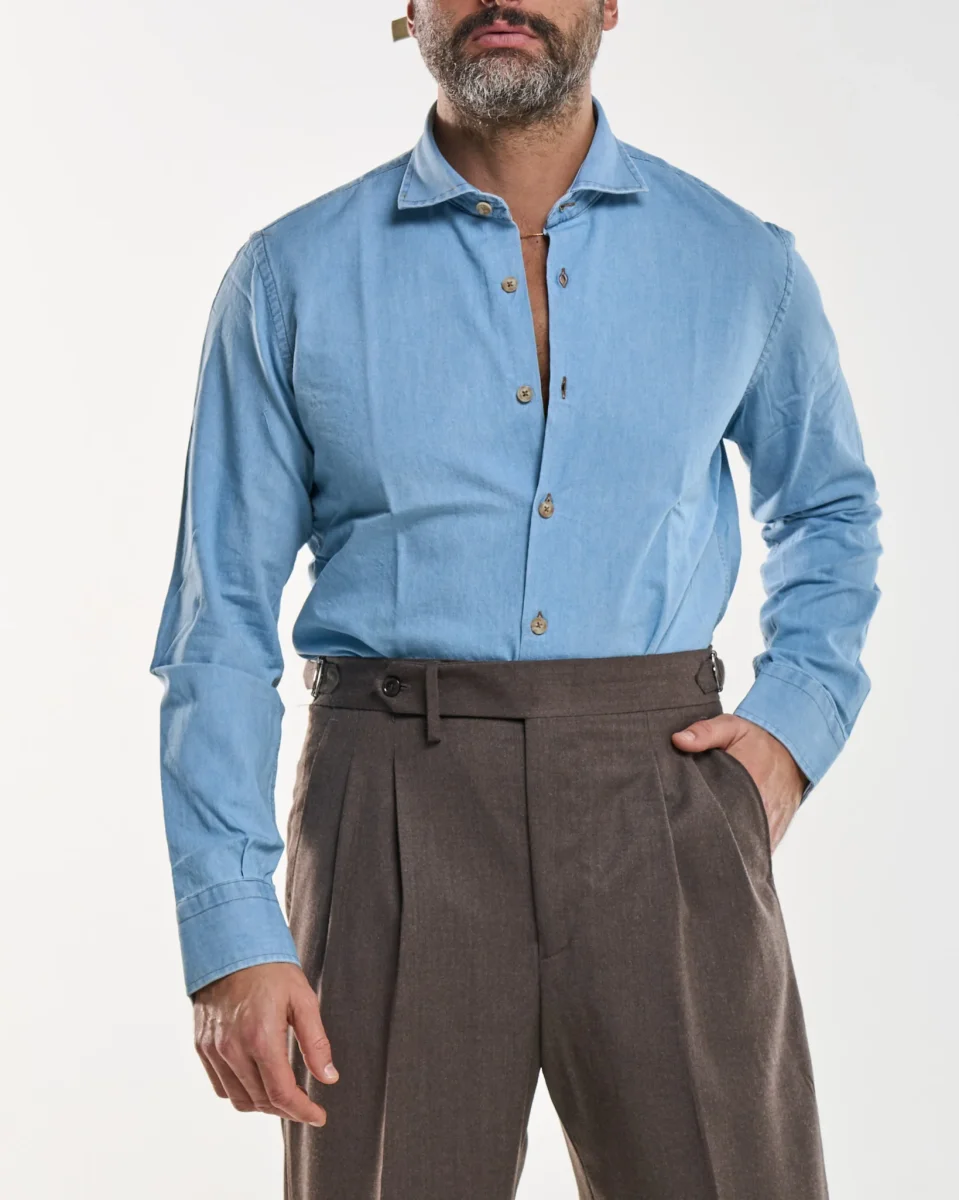 Camicia Collo Francese in Jeans Lavaggio Chiaro - immagine 5