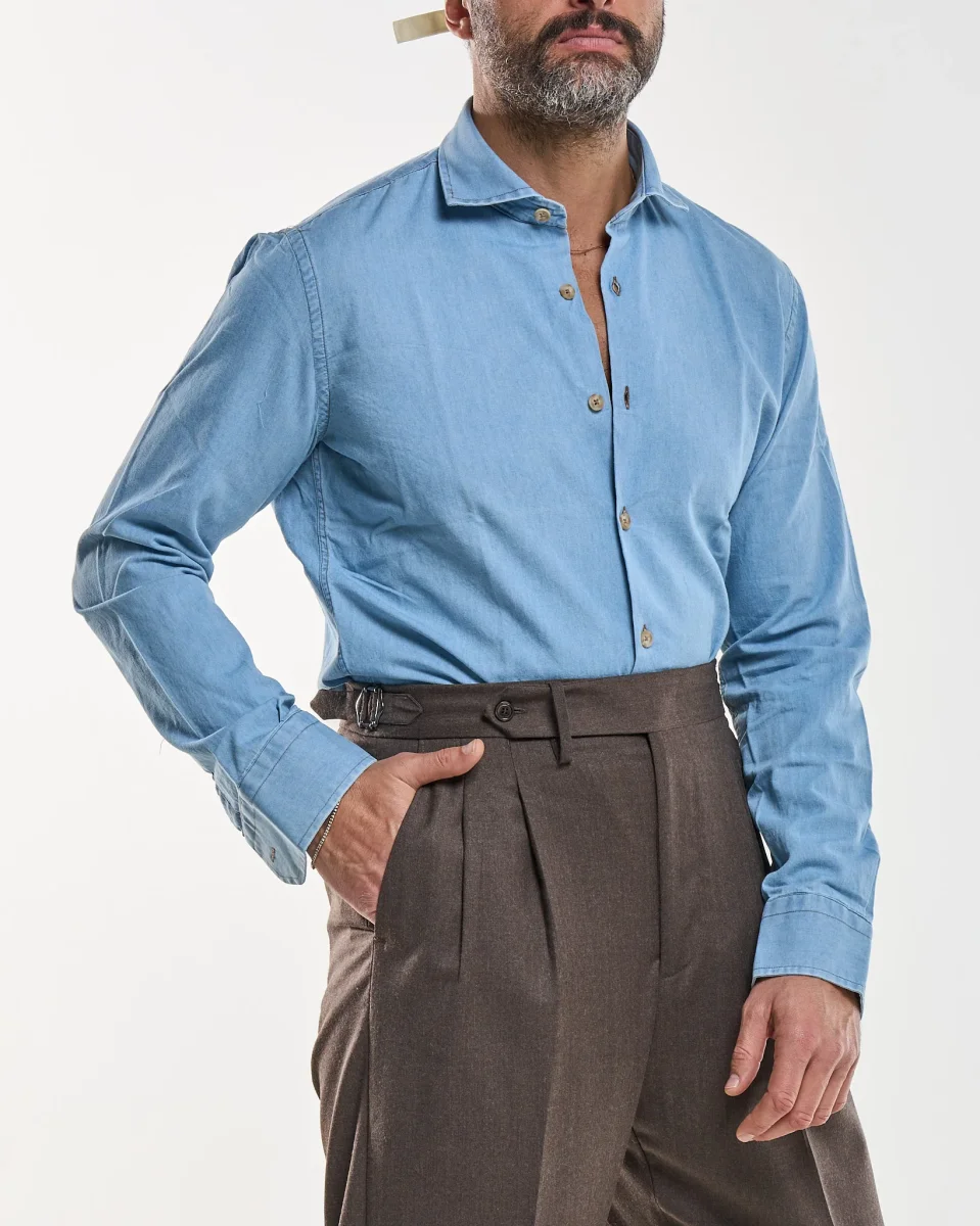 Camicia Collo Francese in Jeans Lavaggio Chiaro - immagine 3