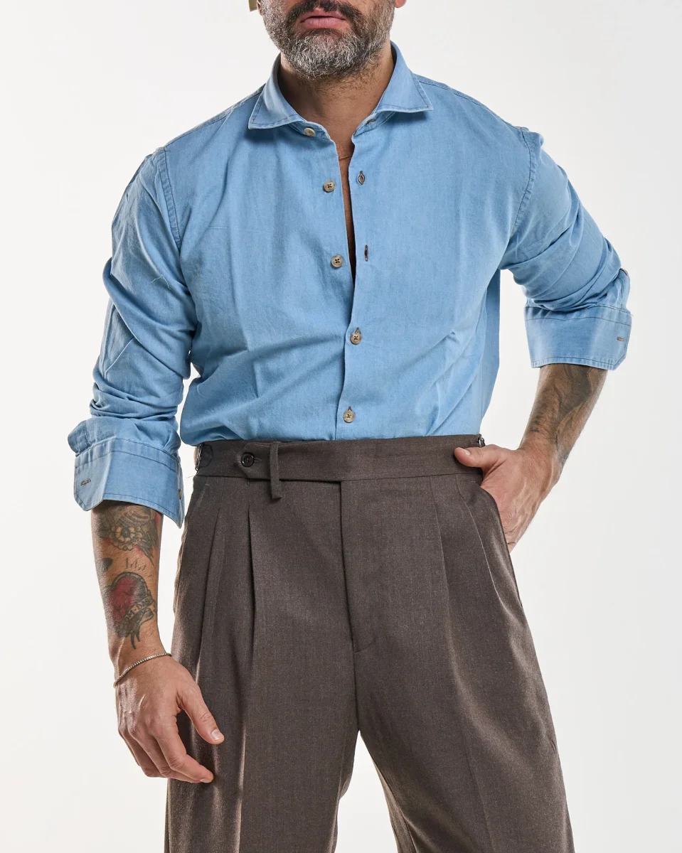 Camicia Collo Francese in Jeans Lavaggio Chiaro