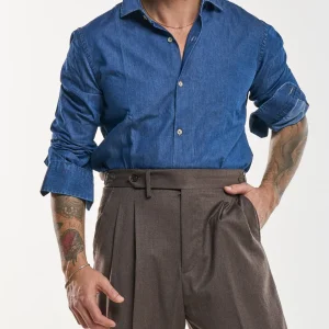 Camicia Collo Francese in Jeans Lavaggio Scuro