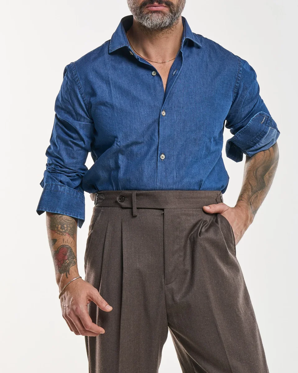 Camicia Collo Francese in Jeans Lavaggio Scuro