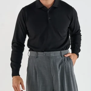 Polo Manica Lunga Tre Bottoni Nero