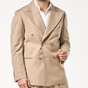Giacca Doppiopetto in Lana Foulè con Abbottonatura Centrale e Rever a Lancia Beige