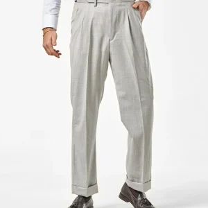 Pantalone Fondo Ampio e Fibbie Laterali in Lana Foulè Grigio