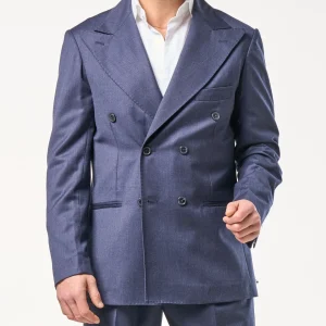 Giacca Doppiopetto in Lana Foulè con Abbottonatura Centrale e Rever a Lancia Blu