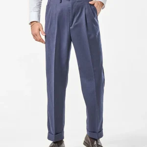 Pantalone Fondo Ampio e Fibbie Laterali in Lana Foulè Blu