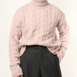 Maglione Treccia Collo Alto Rosa