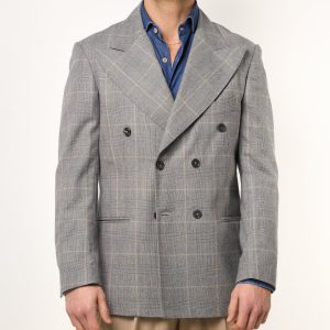 Giacca Doppiopetto Abbottonatura Centrale con Rever a Lancia Principe di Galles Grigio Chiaro
