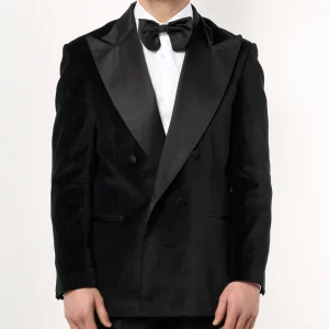 Giacca Smoking Doppiopetto con Rever a Lancia in Velluto Nero