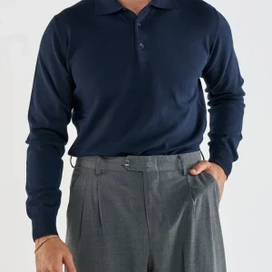 Polo Manica Lunga Tre Bottoni Blu