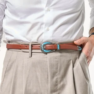 Cintura Smaltata con Pietre Azzurre in Pelle Cuoio