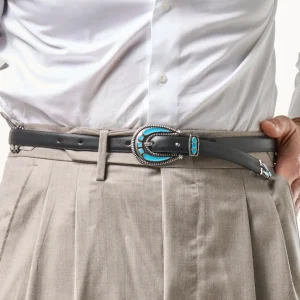 Cintura Smaltata con Pietre Azzurre in Pelle Nero